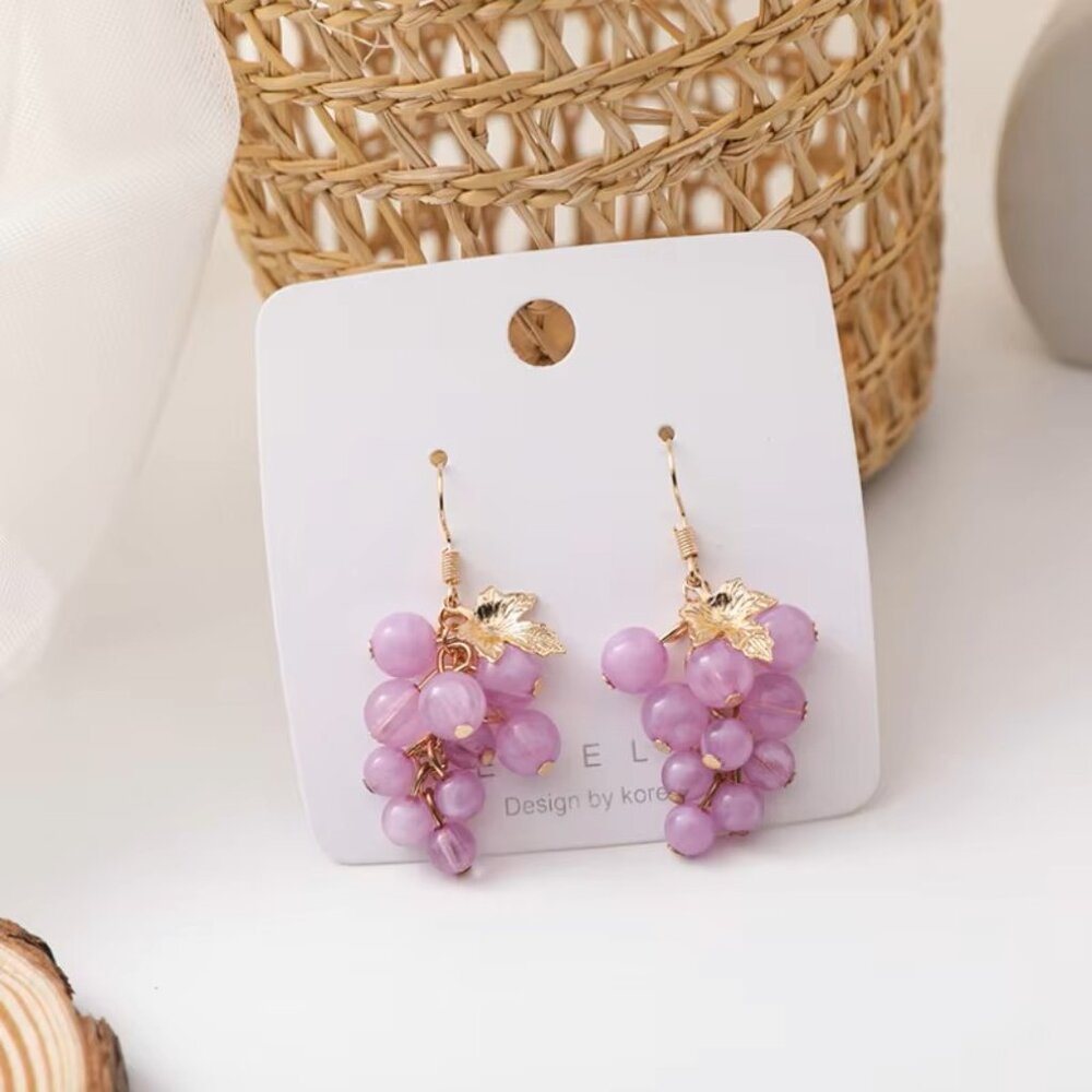 Beaded Grape Bunch Hook Dangling Earrings - Picture 5 of 5